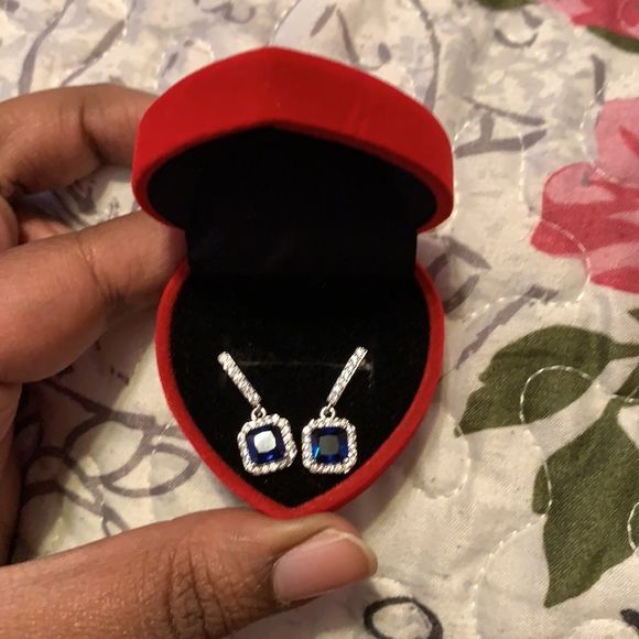 White Gold Blue Gem Square Drop Earrings - Picture 7 of 8